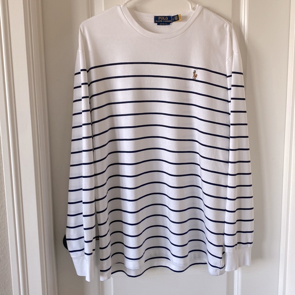 Ralph Lauren Polo Long Sleeve Crew Neck Top, White with Navy Blue Strips